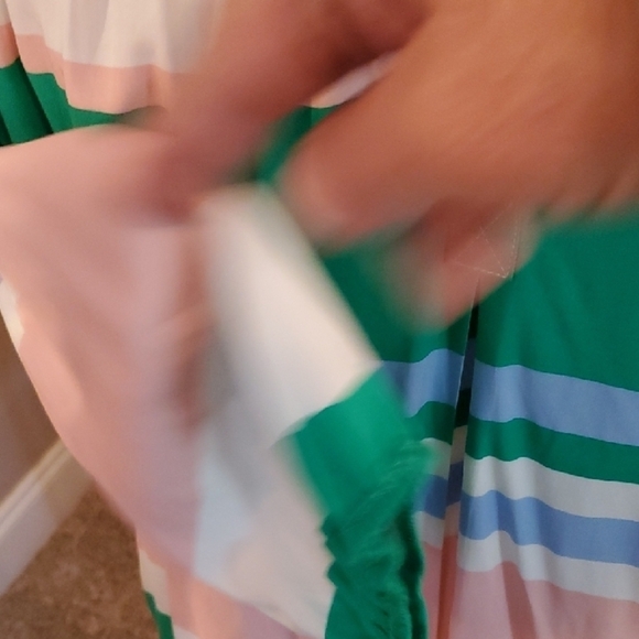 Striped Pink and Green V Neck Women's Top - Picture 4 of 8